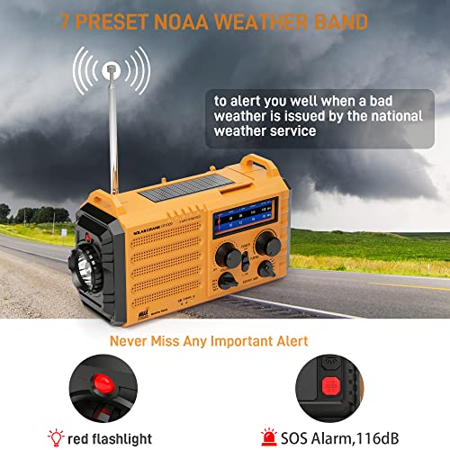 Eoxsmile Emergency Radio with NOAA Weather Alert, 5000mAh Solar Hand Crank Portable AM/FM Shortwave Radio, Rechargeable Battery Powered, USB Charger, Flashlight, SOS Alarm for Home Outdoor Survival by Eoxsmile - Image 2