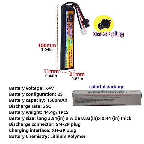 Fytoo 7.4V 35C 1500mAh with SM-2P Plug T Plug Odamiya Plug Lithium Battery with USB Charging Cable for Airsoft Model Guns Rifles Remote Control Cars Drones