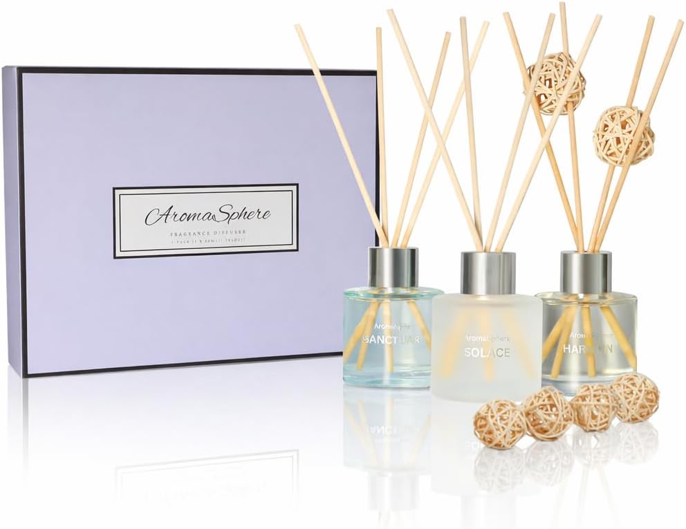 Reed Diffuser Set of 3 | Aromatherapy Fragrance Oil | 12 Sticks and 6 Rattan Balls, 3 x 50ML (Sea Salt, Freesia, Jasmine, Mint Green Edition)