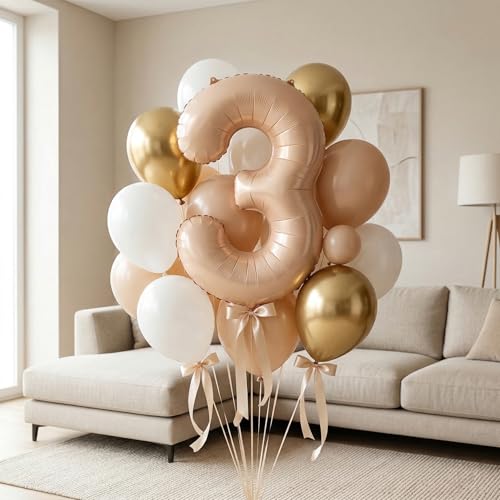 Image of WP WANNA PARTY Number 3 Balloons Retro Apricot Three Birthday Decor Light Brown Balloon For 3Rd, Boy Girl Large 40 Inch Digital Year Old Nude Ballons Neutral Caramel-Aluminium 1 Pcs