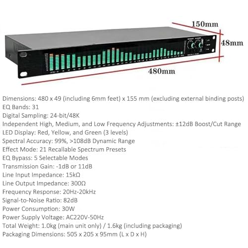 Ecualizador gráfico estéreo de 31 bandas con pantalla de espectro, montaje en rack 1U, reducción automática de ruido y 21 presets, para audio doméstico, HiFi y estudio de grabación miniatura 7