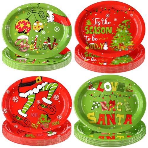 Zonon 48 Pcs Christmas Oval Paper Plates 10" x 12" Large Disposable Paper Plates Bulk Dinner Serving Platters Heavy Duty Dinnerware Christmas Birthday Party Decorations Supplies Xmas Gift for Guests
