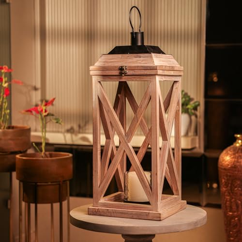 Image of Selena Decorative Wooden Lantern with Glass Panels & Candle | White Wash Acacia Wood Candle Holder | Farmhouse Lantern for Living Room, Patio, Balcony, Wedding & Festive Decor | 24 Inche