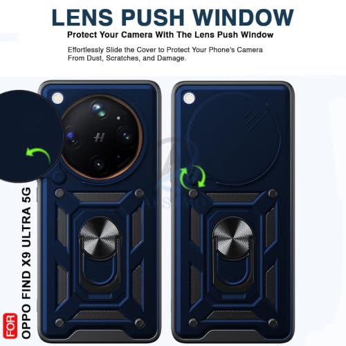 Image of AESTMO Tough Armor Oppo Find X9 Ultra 5G Bumper Back Case Cover | Ring Holder & Sliding Camera Shield Cover | 360 Degree Protection Back Case Cover for Oppo Find X9 Ultra 5G (Blue)