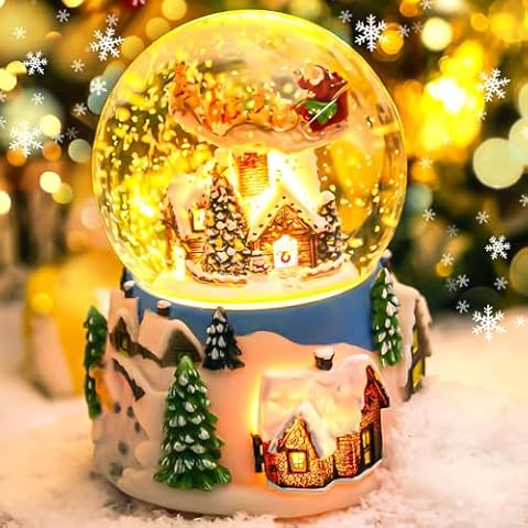 Mr.Winder Christmas Music Box Snow Globe Gift, Musical Rotating Santa Claus Flying Over Village Glitter Xmas Present for Girls Women Girlfriend Daughter Son Granddaughter, Plays 14 Christmas Songs Cover