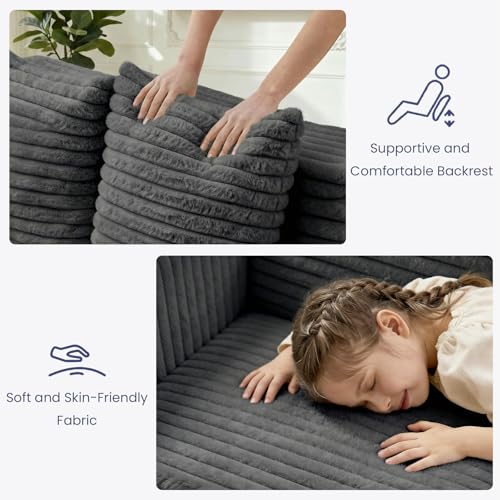 3-in-1 Convertible Sofa Bed: Boneless Loveseat Sleeper & Folding Couch Bed with 4 Pillows & Detachable Cushion, Furry Futon Couch for Bedroom, Apartment, Office and Living Room, No Assembly, Grey - Image 5