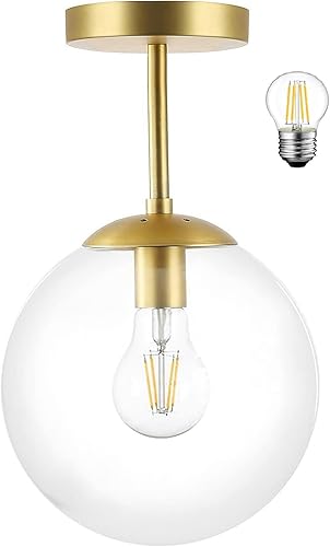 Miniatura 4 de Lámpara de techo semiempotrada de globo moderno de mediados de siglo, cristal transparente con acabado de latón dorado, luces colgantes de cristal