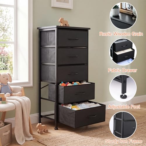 Image of Fixwal Black Tall Skinny Dresser for Bedroom, Narrow Storage Dresser Organizer with 5 Fabric Drawers, Nightstand Furniture in Closet, Entryway, Hallway