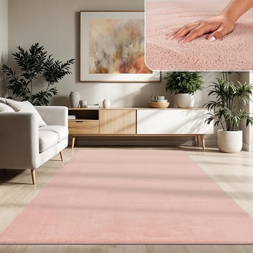 Paco Home Moderner Kuscheliger Wohnzimmer Teppich Kurzflor waschbar flauschig Weich Einfarbig Felloptik zeitlos stilvoll rutschfest pflegeleicht, Grösse:120x160 cm, Farbe:Rosa