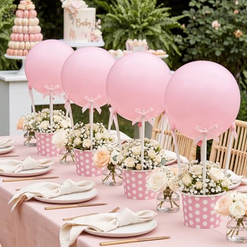 Gilprop 24 Set Baby Shower Centerpieces Pink Bow Hot Air Balloon Basket Table Decor Include Balloon Bow Pencil Ice Cream Bowl Raffia & Tape for Gender Reveal Wedding Party DIY Craft Gifts