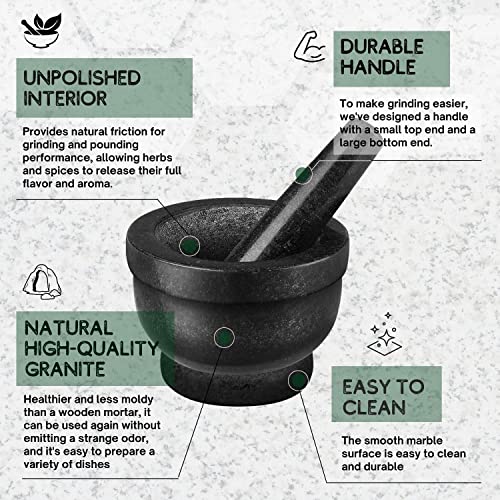 Flexzion Granite Mortar And Pestle Set - Solid Granite Stone Grinder Bowl Holder 5.5 Inch For Guacamole, Herbs, Spices, Garlic, Kitchen, Cooking, Medicine #TOP2