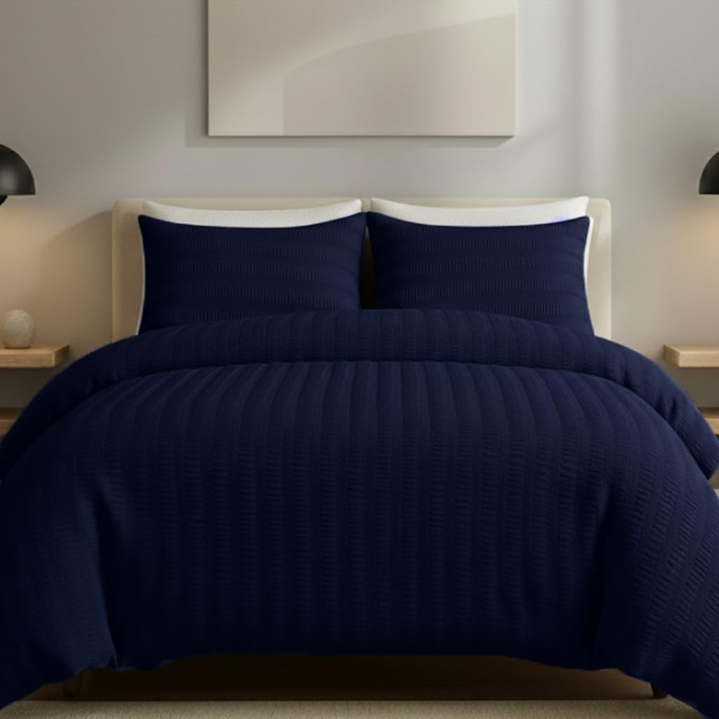 AHS - Single Navy Blue Seersucker Duvet Set Cover With Pillow Case - Multiple Sizes - Complete Bedding Set - Ultra Soft Brushed Microfiber - EasyCare & Machine Washable — image 1