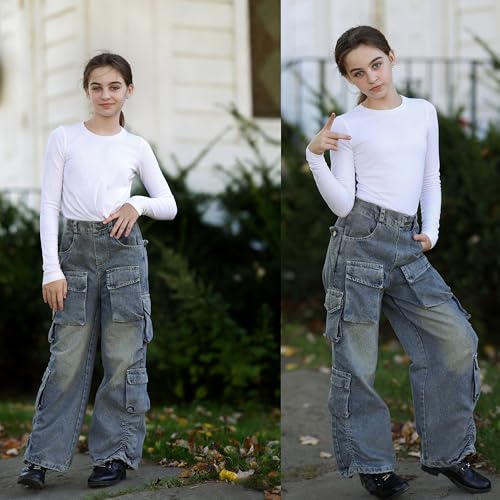 Image of Rolanko Girls Cargo Pants Baggy Y2K Cargo Trousers Jeans Wide Leg Pants with Multi Pockets 4-15 Years