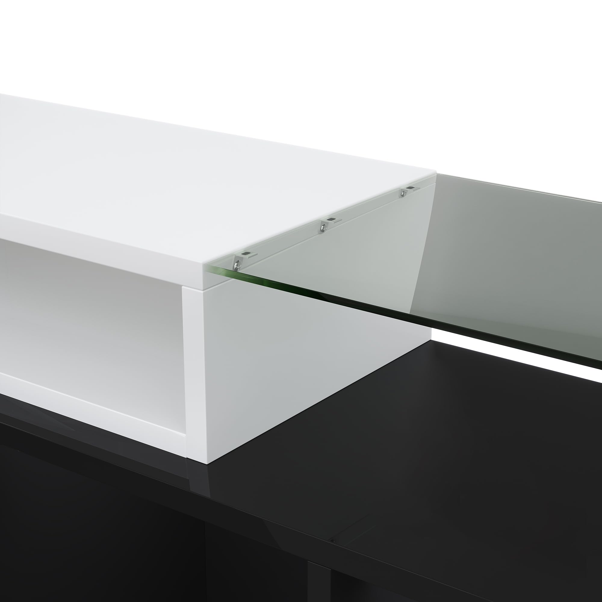 Modernes TV Möbel 200 cm – Hochglanz TV Lowboard mit L-E-D Beleuchtung, Glasfront, großem Stauraum für Wohnzimmer Schwarz&White (Black)
