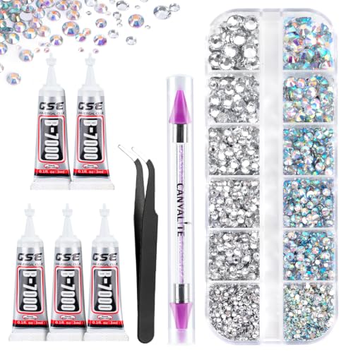 Canvalite 2784PCS Rhinestones with 5Pcs 3ml B7000 rhinestone glue 6 Sizes Flat Back Gems Crystal AB Nail Art Gems with Pick Up Tweezers and Rhinestone Picker Dotting Pen Tools for Nails Face Craft