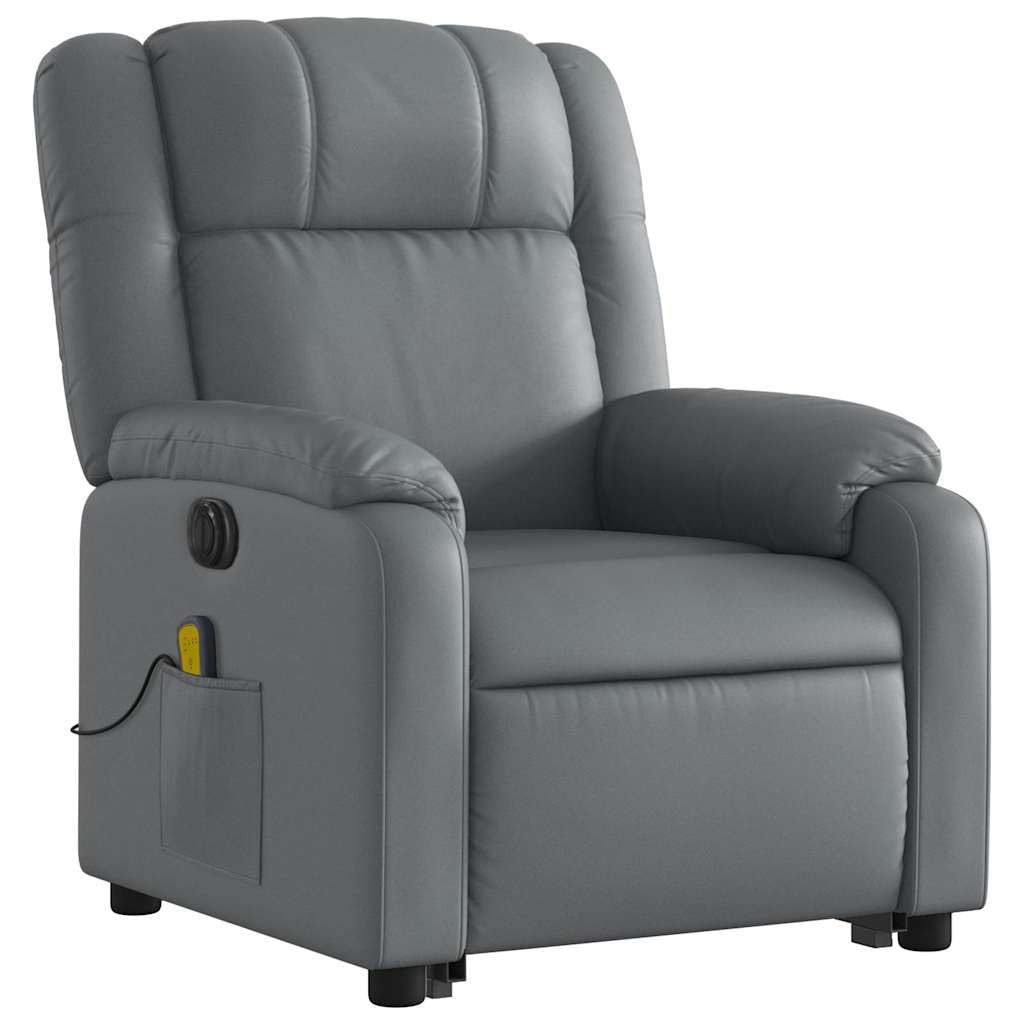Sillón elevador eléctrico reclinable con masaje por vibración, color gris, de piel sintética, 6 puntos de masaje, función elevación e inclinación de 135 grados, estructura estable