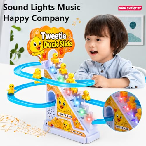 Image of MiniExplorer Duck Track Toys for Kids - Stair-Climbing Escalator with Lights & Music, Includes 3 Small Ducks - Interactive Duck Track Slide Toy - Perfect Toddler Gift