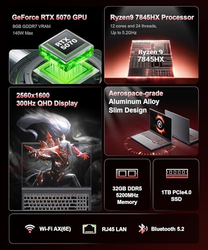 Image of RTX 5070 Gaming Laptop, 16 inch WQXGA 300Hz 500nits Display, AMD Ryzen 9 7845HX (12-Core, up to 5.2GHz, 64MB Cache), 32GB DDR5 RAM, 1TB Gen4 SSD (PCIe5.0 Support), Notebook PC Computer