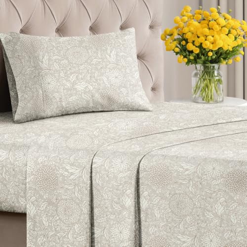 Image of Twin 3 Piece Floral Sheet Set - Soft, Breathable & Cooling - Beige Floral