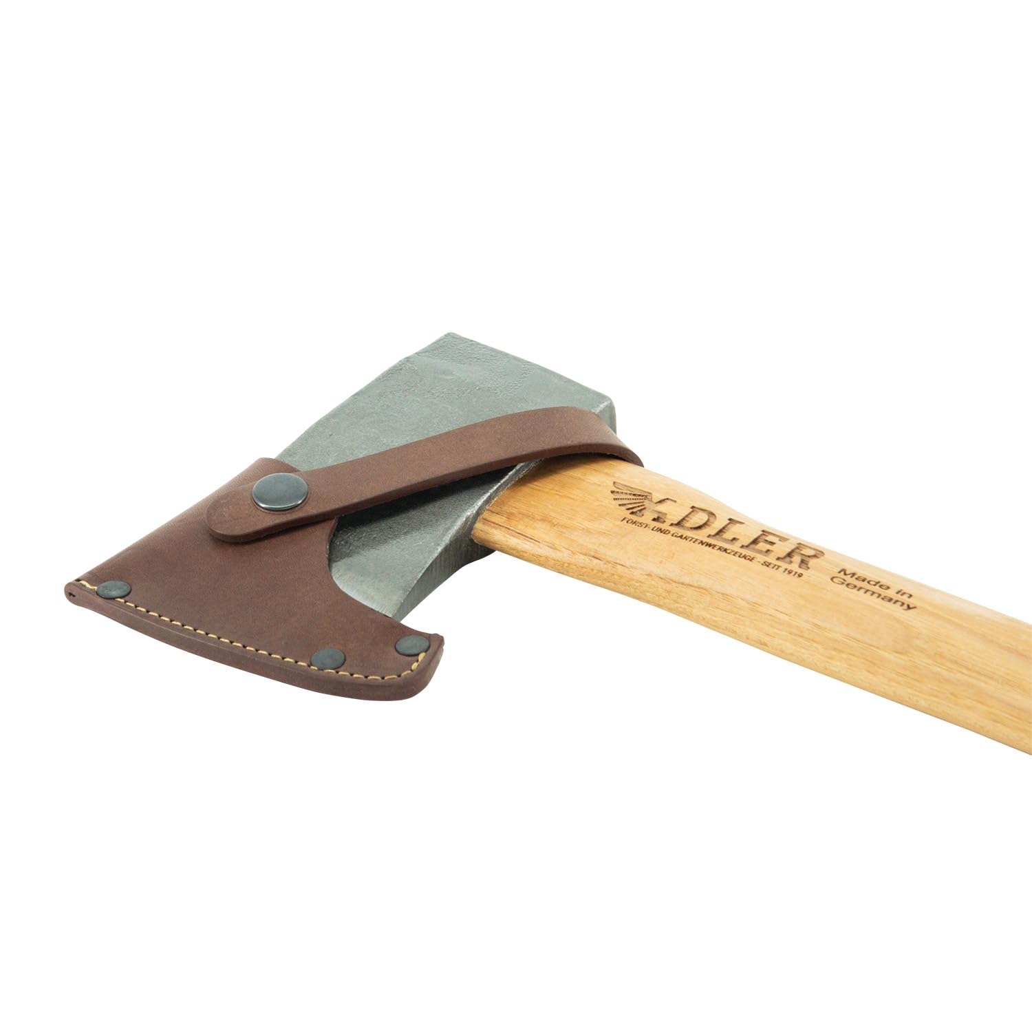Adler Yankeeyxa avec Protection en Cuir : Hache en Bois forgé en Acier C60 avec poignée en Hickory de 38 cm, Surface extérieure antidérapante, pour Le Camping et la randonnée, Vert/Noir, 650 g