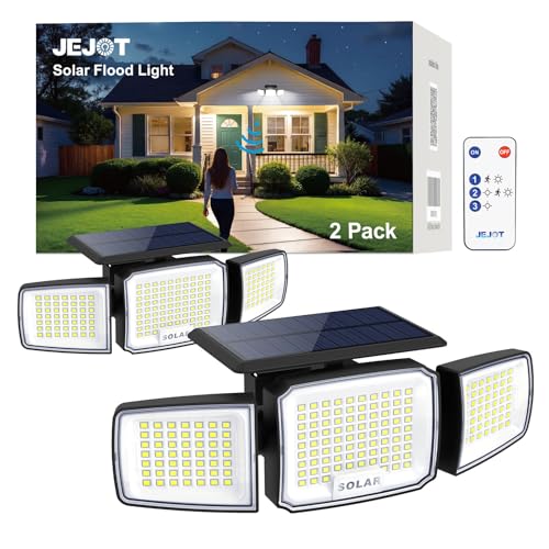 JEJOT Solar Security Light Outdoor,Solar Flood Light with Active Motion Sensor,3 Heads 270° Wide Angle,Remote Control,IP65 Waterproof, 3 Modes (2 Packs)
