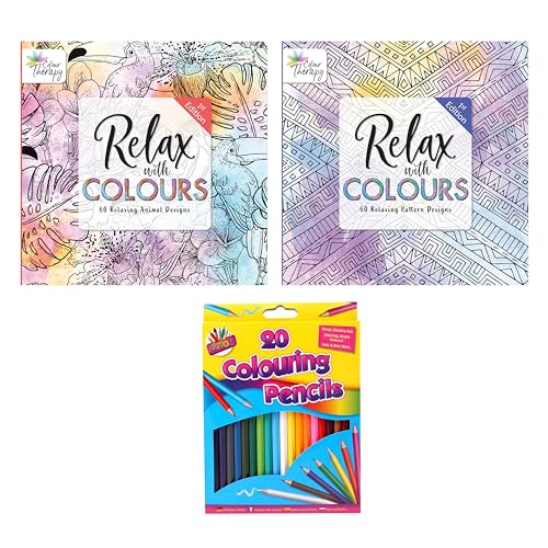 (Set of 3) Pattern & Animal Print Relaxing Colouring Books 60 Designs per Book with Pack of 20 Premium Colouring Pencils Anti-Stress Adult Books for Adults Doodling Sketching Art Supplies