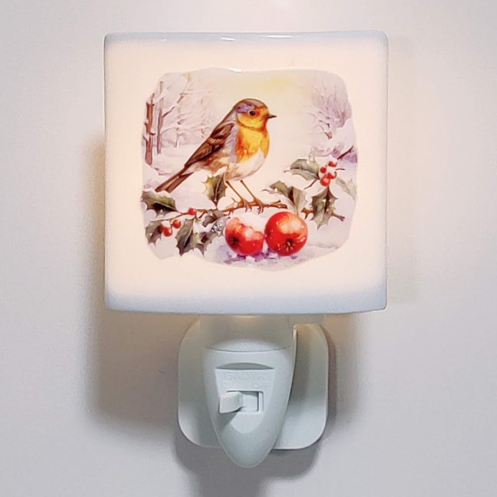 Plug-in Night Lights - LED Bulb, UK 3 pin Socket (Winter Robin and Berries), Multicolour - Image 2