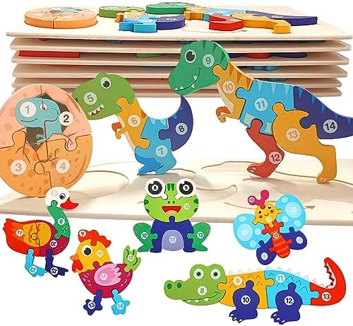 TUNJILOOL Wooden Puzzles Animals Jigsaws Puzzle for Kids Gifts, 6Pcs with Drawstring Bag 3D Toddler Jigsaw Puzzles Montessori Toys Learning Toys Educational Games for Girls Boys