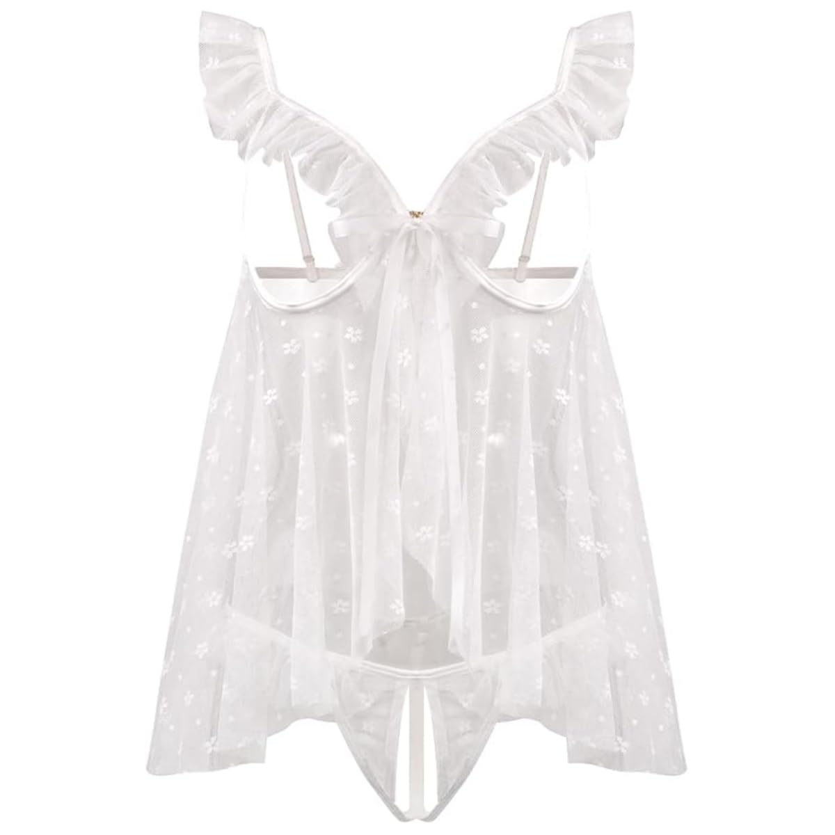 Sexy Dessous-Set für Damen, unanständiges Babydoll-Unterwäsche, Nachthemd, florale Spitze, durchscheinendes Unterhemd, vorne offen, Negligees mit G-String