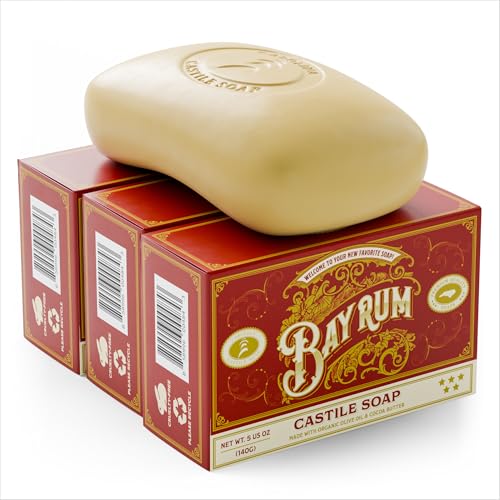 Carolina Castile Soap Vegan Bay Rum Castile Bar 3 Bars of Natural Soap for Men Women and Kids Gentle Hydrating Castile Bars with Organic Cocoa Butter and Olive Oil 5 Oz. Each