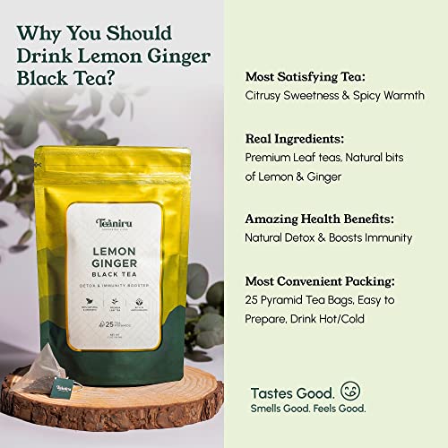 Teaniru, Lemon Ginger Black Tea | All-Natural Fruit & Spice - Detox Cleanse Tea | 25 Pyramid Tea Bags (Serves Up To 50 Cups) #TOP1