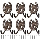 Peohud 6 Pack Cast Iron Coat Hooks, Rustic Double Wall Hooks, Horse Head Horseshoe Hook, Wall Mounted Farmhouse Coat Hangers for Towels, Hats, Keys, Bags, Caps