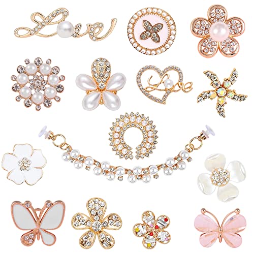 VEGCOO 15 Pcs Shoe Charms for Clog Shoes Metal Bling Crystal Rhinestone Clog Sandals Decorations Charms Shining Shoe Decoration Charms for Women Girls Birthday Christmas Party Gifts Gold
