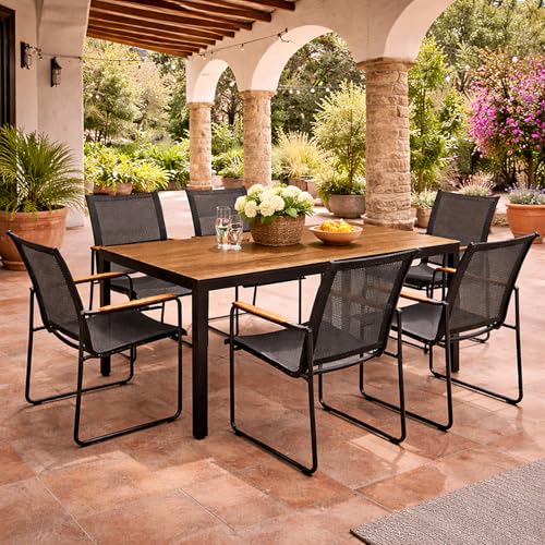 Mojawo 7tlg Outdoormöbel Set Gartenmöbel Gartengarnitur Holzoptik Gartentisch Nonwood 150 x 80cm + 6 Sessel Schwarz