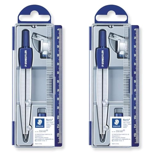 STAEDTLER Noris Club 550, Set de Dibujo Estuche, Compás Escolar, Adaptador y Tubo de Minas, Azul/Metálico (Paquete de 2)