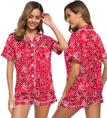 Image of SWOMOG Womens Silk Satin Pajamas Set Short Sleeve Sleepwear Button Down Top and Shorts Loungewear 2 Piece Pjs Set XS-3XL Lipstick Red Mini Hearts Large
