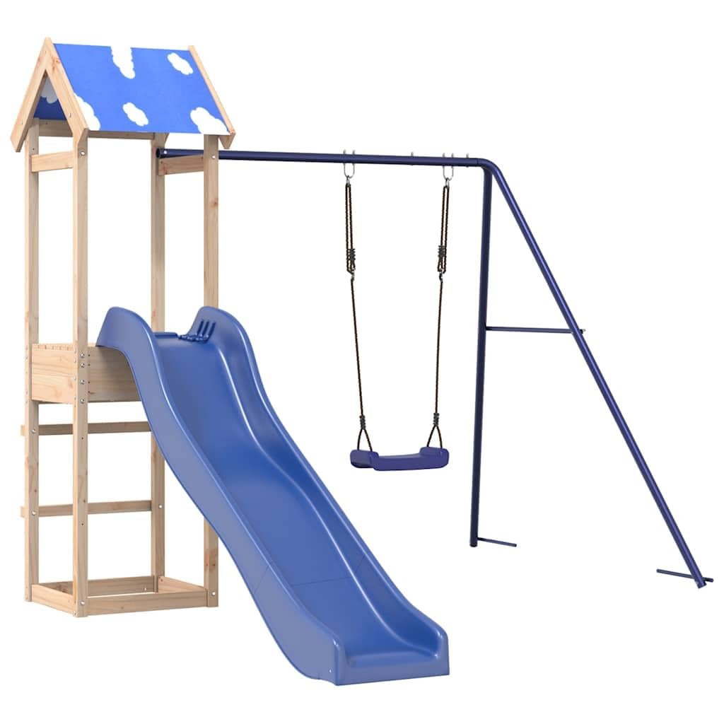 Spielturm Massivholz Kiefer mit und Schaukel | 90 cm Plattform, Wellenrutsche, Einzelschaukel, Sandkasten, A-förmiges Gestell, Wolkendach