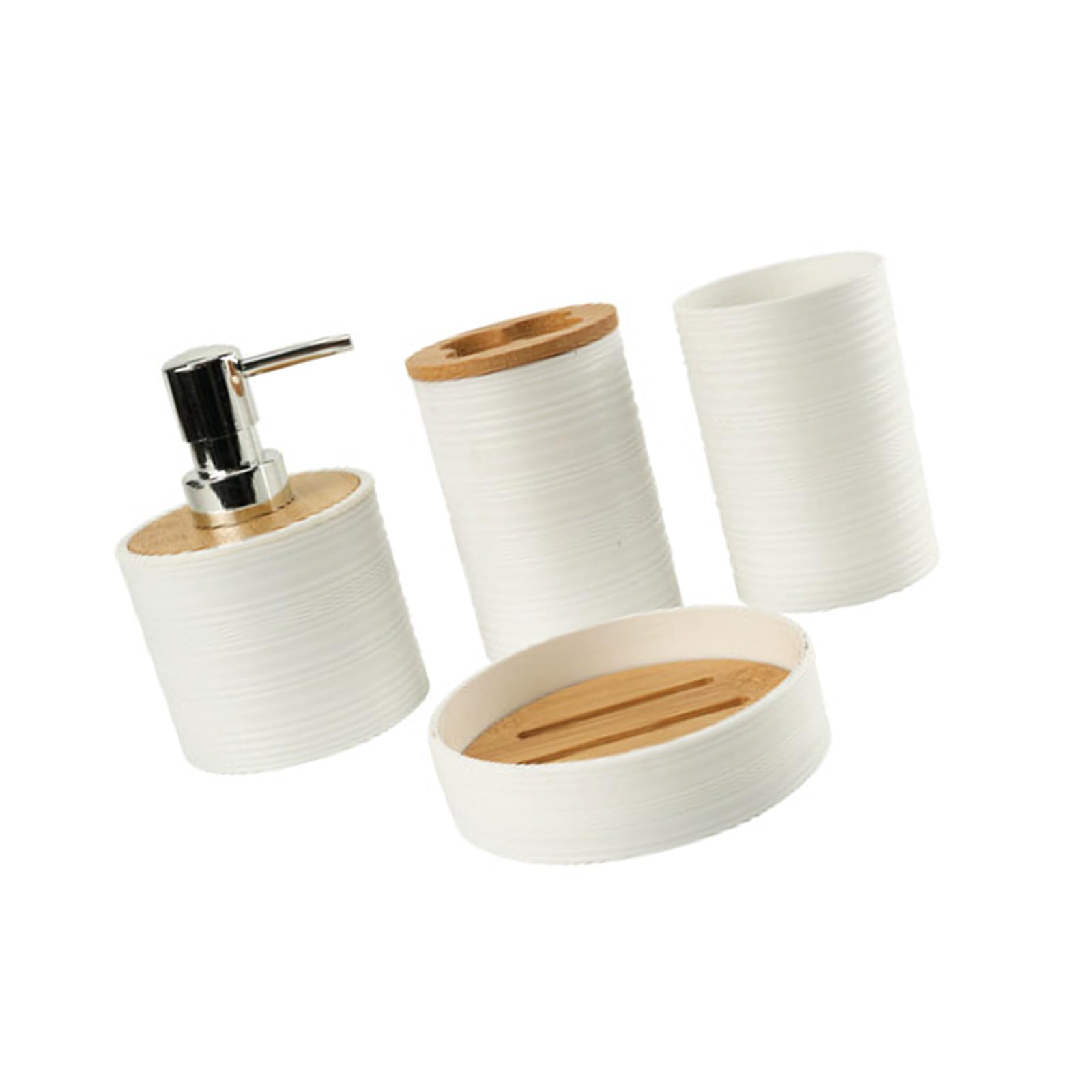 Wave-Patterned Bathroom Containers 4PCS with Natural Cane Plant Lids Polymer Toothbrush Cup Soap Countertop Set Bathroom Organizers with Lid