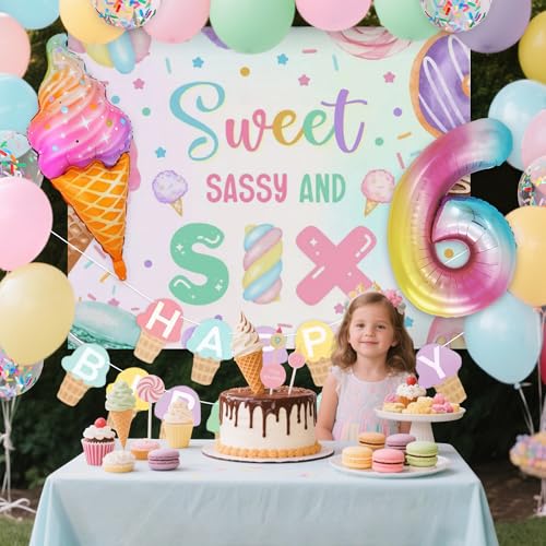 Image of Sweet Sassy and Six Birthday Decorations for 6 Year Old Girl Birthday Party Decor Ice Cream Donut Backdrop Balloons Macaron Baby Shower Party Supplies