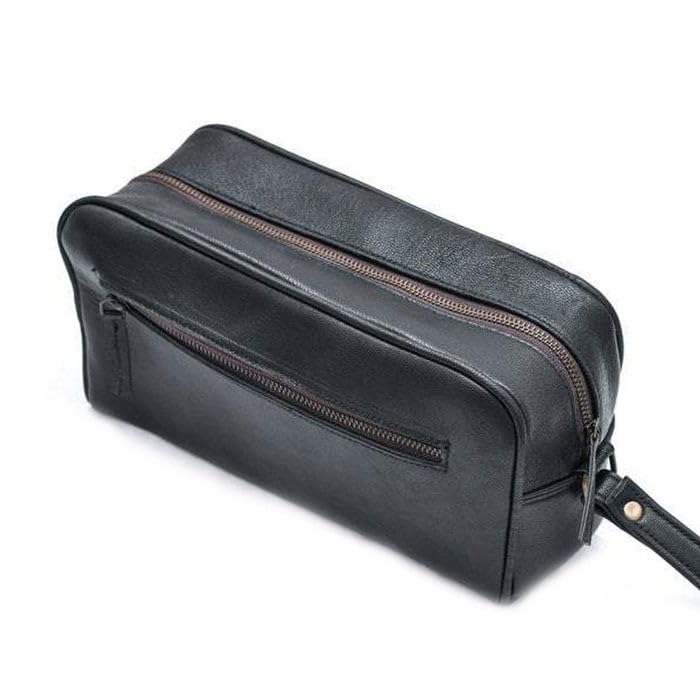 MaheTri Bolsa organizadora de viaje de piel auténtica, bolsa de aseo para hombres y mujeres, bolsa de cosméticos de cuero para kit de afeitado, marrón vintage y negro, regalo unisex, negro, sección