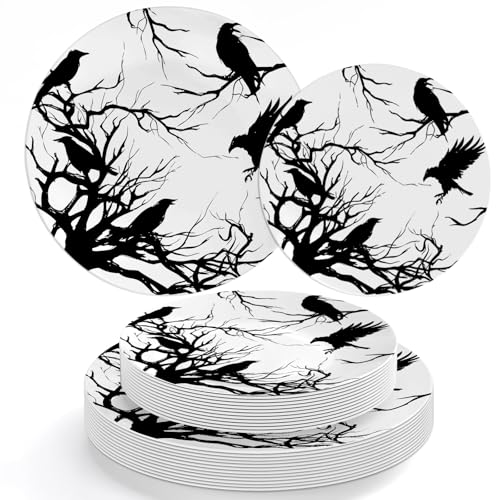 JarThenaAMCS 40Pcs Halloween Plastic Plates Black Silhouette Branch Crow Reusable Plate Spooky Dinner Dessert Plates for Spooky Holiday Party Supplies Table Decor