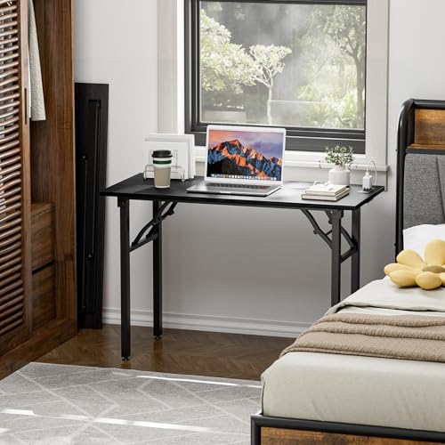 Image of TEMI Small Computer Desk Folding Table - No Assembly, Compact 44.3 inch Foldable Desk with Power Outlets & USB Charging Port, Portable Small Office Desk, Ideal Mini Study Table, Dark Oak