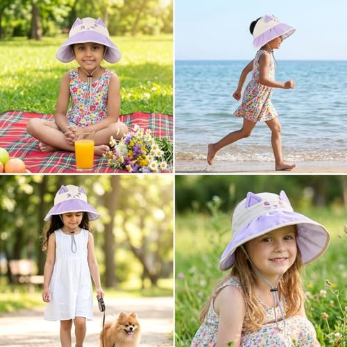 Image of SNOWIE SOFT Wide Brim Sun Hat for Kids Girls with Neck Flap Shawl, UPF 50+ Adjustable Chin Strap Sun Protection Hat for Girls 2-10 Years Old, Summer Breathable Sun Visor Hat Windproof Beach Hat
