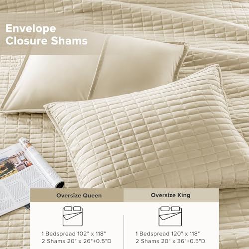 Comfort Spaces Ivory Oversized Queen Quilt Set 102"x118" Bedspread Quilted Summer Lightweight Microfiber Bedding Coverlet with Double Sided Stitching Soft All Season Cozy 3 Piece with Matching Shams