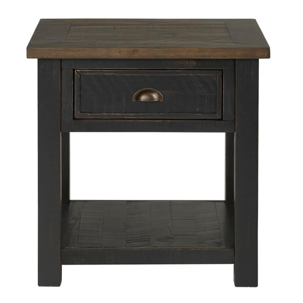 Monterey Farmhouse Rustic End Table, Solid Pine Wood Coastal Side Table with Drawer and Shelf. Black and Brown.