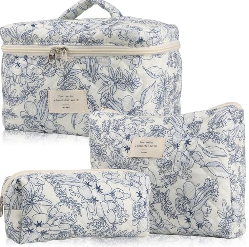 Aucuu 3PCS Set Kosmetiktasche, Reise Kosmetiktasche Set Damen, Kulturtasche Damen mit Blumenmuster, Gesteppte Kulturtasche, Kulturbeutel Make Up Tasche, Tragbare Schminktasche für Mädchen Frauen