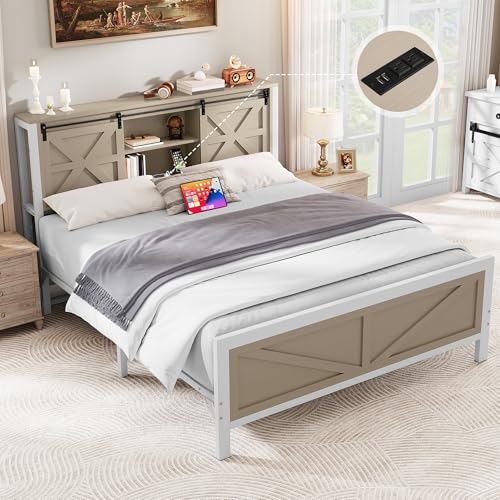 YITAHOME Farmhouse Queen Size Bed Frame with Headboard, Bookcase Storage Shelves, Sliding Barn Door, Charging Station, Rustic Wood Platform Bed, No Box Spring Needed, Oak