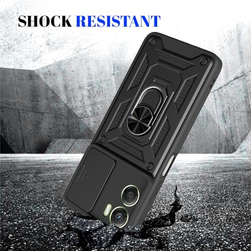 Image of Heavy Duty Back Case Cover for Moto G06 Power 5G, Shockproof Moto G06 Power Back Cover, Ring Case with Kickstand and Camera Protection Shutter - Black