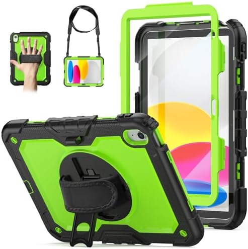 Case for iPad (A16) 11th/10th Generation 11''/10.9'' 2025/2022 with Screen Protector Pencil Holder, 360 Rotating Hand Strap & Stand, Green/Black