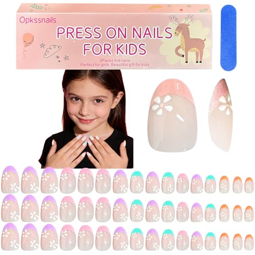 96pcs Press on Nails for Kids 3 Packs Short Oval Kid Fake Nail Kit For Girls Colorful French Tip And Flower Nail For Kids Nail File Buffer For 8-12years 16size
